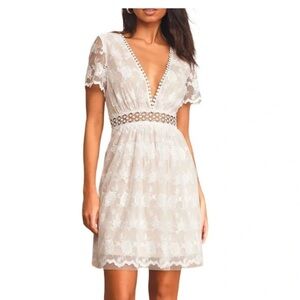 Lulu's Ivory Lace V-Neck Mini Dress